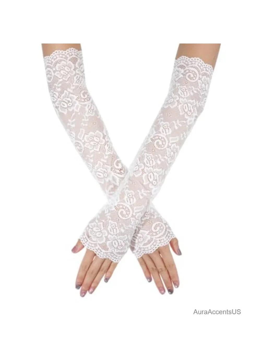 Fingerless Long Lace Gloves Elbow Length Floral Lace Arm Sleeves for Weddings